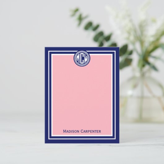 Note Pink Navy Blue Gerahmt Preppy Vine Monogram (Stehend Vorderseite)