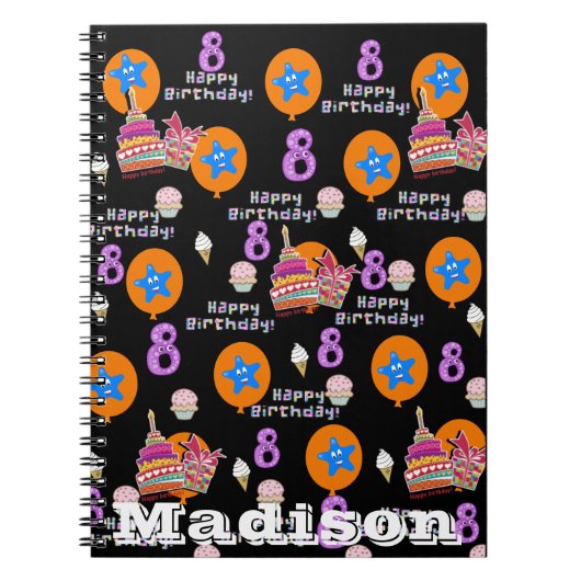 Notebook, #8 Happy 8th Birthday Notes Black Notizblock (Vorderseite)