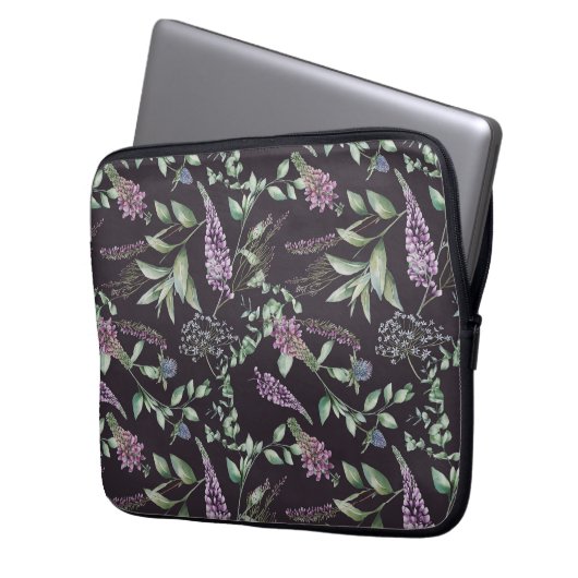 Notebook-Case mit lila und schwarzer Flora Laptopschutzhülle (Vorderseite Links)