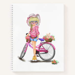 Notebook mit Blonde Girl and Pink Bike Notizblock