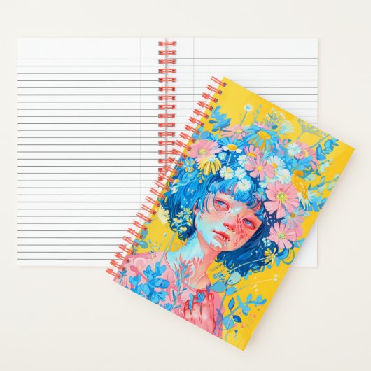 Notebook mit einem Mädchen mit einem Kranz blauer  Notizblock (Innen)