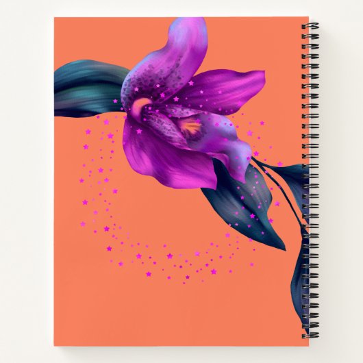 Notebook mit Lila Orchid-Design auf Orange Notizblock (Rückseite)