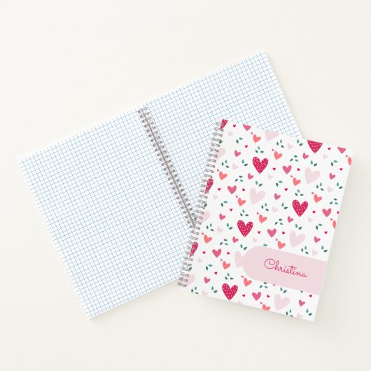 Notebook mit rosa Herzen Muster und individuellem Notizblock (Innenseite)