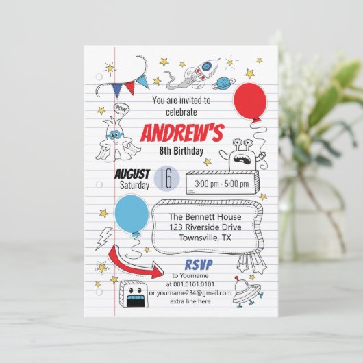 Notebook-Papier Geburtstagsparty Einladung (Stehend Vorderseite)