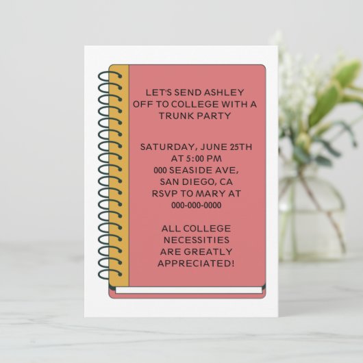 Notebook-Uni Trunk-Party Einladung (Stehend Vorderseite)