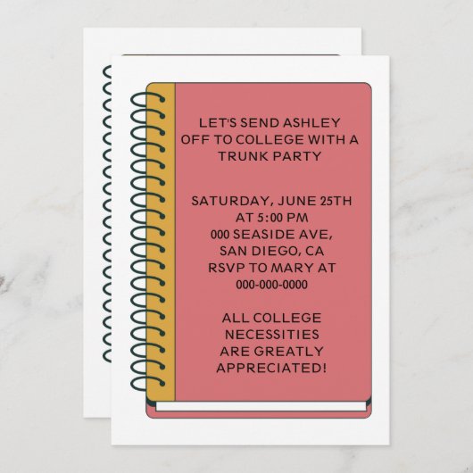 Notebook-Uni Trunk-Party Einladung (Vorne/Hinten)