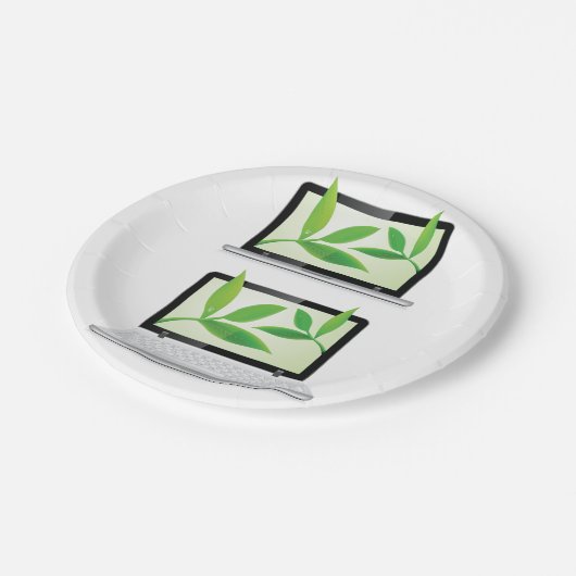 Notebooks mit Blätter-Papier-Tellern Pappteller (Schrägansicht)