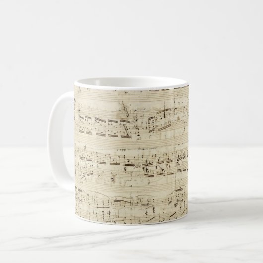 Noten auf Pergament Handgeschrieben in Tinte Kaffeetasse (Vorderseite Links)