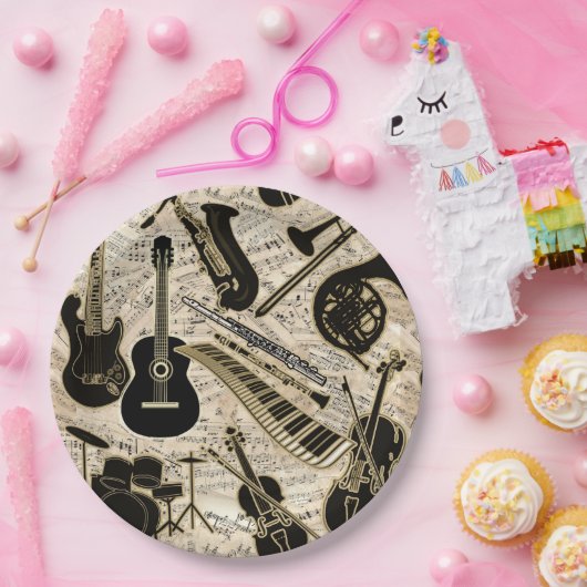 Noten und Instrumente Black/Gold ID481 Pappteller (Party)