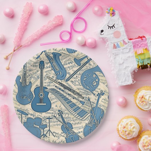 Noten und Instrumente Blue/Ivory ID481 Pappteller (Party)