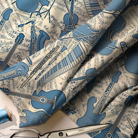 Noten und Instrumente Blue/Ivory ID481 Stoff