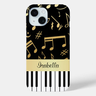 Noten und Klaviertasten Schwarz und Gold iPhone 15 Hülle