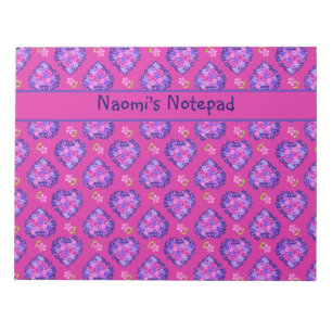 Notepad oder Jotter, Herz und Blume auf Magenta Notizblock