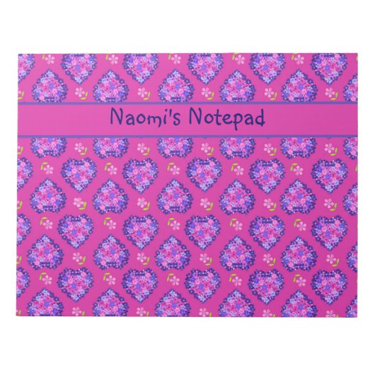 Notepad oder Jotter, Herz und Blume auf Magenta Notizblock (Vorderseite)