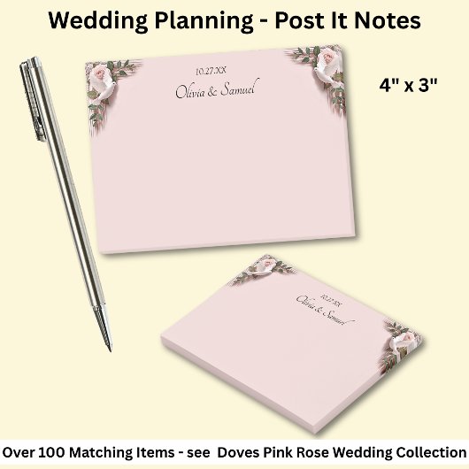 Notes Pink Roses & Doves Wedding Post-it Klebezettel