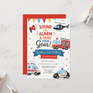 Notfallfahrzeuge Polizei-Feuerwehrauto Geburtstag  Einladung