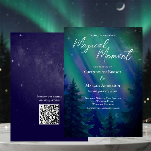 Nothern Lights Wald QR-Code-Hochzeit Einladung