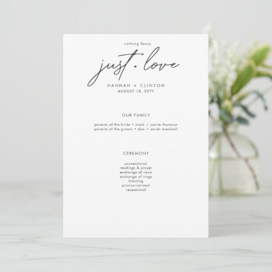 Nothing Fancy Just Love Minimalist Wedding Programm (Stehend Vorderseite)