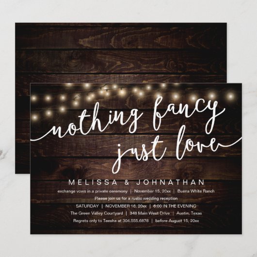 Nothing Fancy, Just Love, Rustic Wedding Reception Einladung (Vorne/Hinten)
