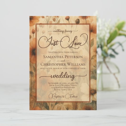 Nothing Fancy Just Love Sienna Boho Floral Wedding Einladung (Stehend Vorderseite)