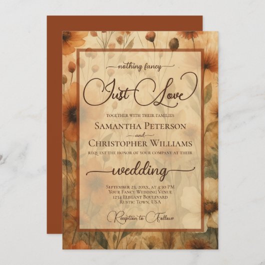 Nothing Fancy Just Love Sienna Boho Floral Wedding Einladung (Vorne/Hinten)