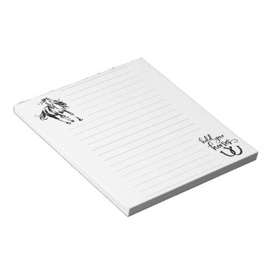 Notieren Sie Papier mit Pferd und "halten Sie Ihre Notizblock (angewinkelt)