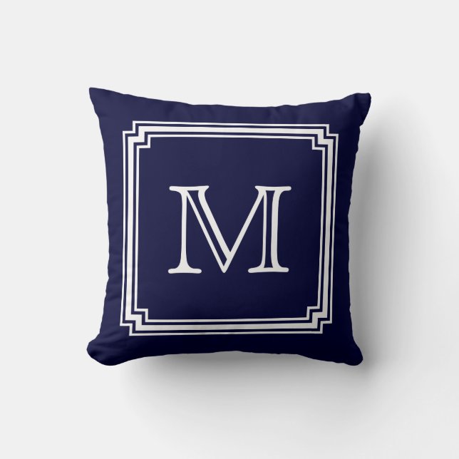 Notierte Ecke Rahmen Navy Blue Background Monogram Kissen (Vorderseite)