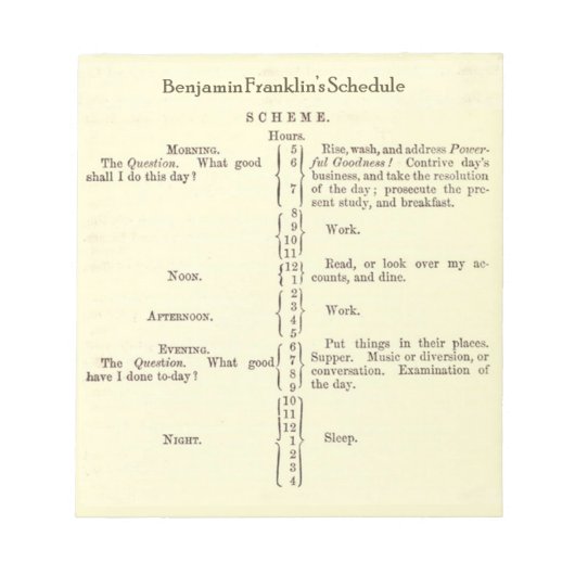 Notizbuch mit Benjamin Franklins Zeitplan Notizblock (Vorderseite)