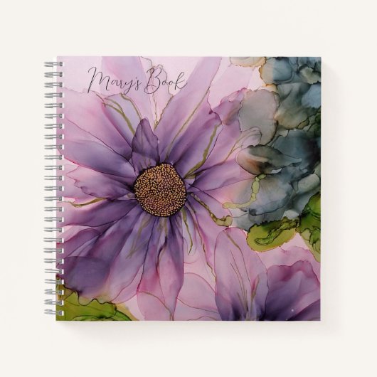 Notizbuch mit rosa und lila Alkoholfarbe Blume (Vorderseite)