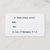 Notkontakt-Geldbeutel-Karten Telefonnummerkarte (Rückseite)