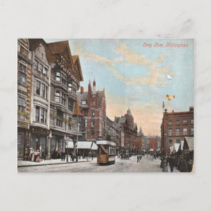 Nottingham, Lange Reihe mit frühen Straßenbahnen,  Postkarte