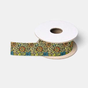 Nouveau blaue und orange Blumen auf Rebe Satinband