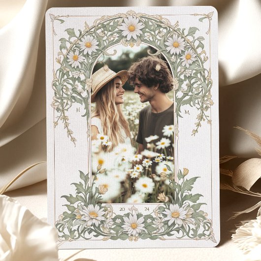 Nouveau Daisies Foto Wedding Ivory Green Einladung