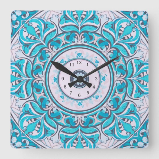 Nouveau Floral Mandala Wall Clock Quadratische Wanduhr (Vorderseite)