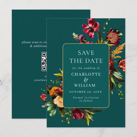 Nouveau Garden Blume Hochzeit QR-Code Save The Date (Vorne/Hinten)