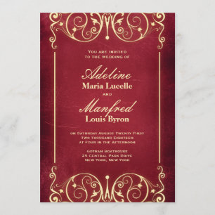 Nouveau-Victorian: Vintage-Rot- und Gold-Hochzeit Einladung