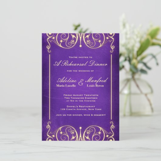 Nouveau Viktorianisch Gold Eggplant Probe Dinner Einladung (Stehend Vorderseite)