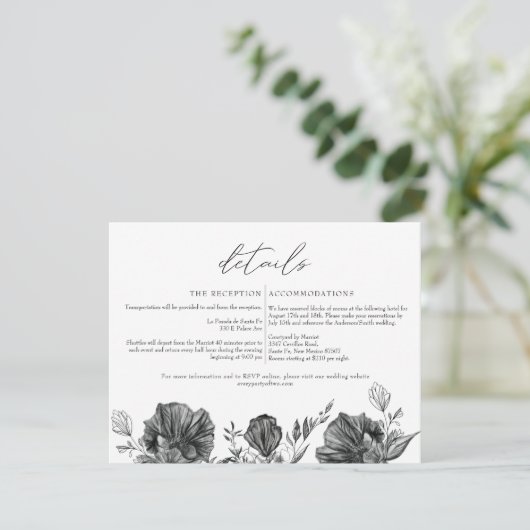 NOVA Elegant Gothic Black Floral Wedding Details Einladung (Stehend Vorderseite)