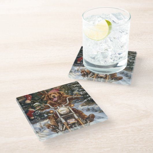 Nova Scotia Dog Riding Motorrad Weihnachten Glasuntersetzer (Schrägansicht)