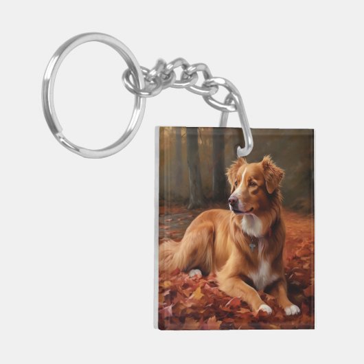 Nova Scotia Duck Terrier im Herbst Leaves Fall Schlüsselanhänger (Vorderseite links)