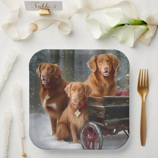 Nova Scotia Duck Toller Retriever Snowy Sleigh Pappteller (Hochzeit)