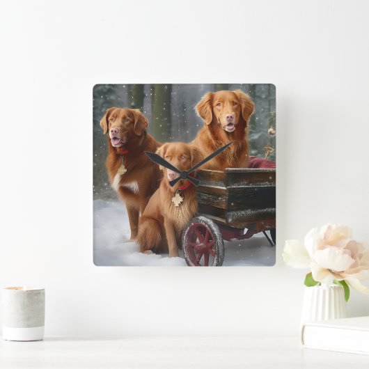 Nova Scotia Duck Toller Retriever Snowy Sleigh Quadratische Wanduhr (Zuhause)