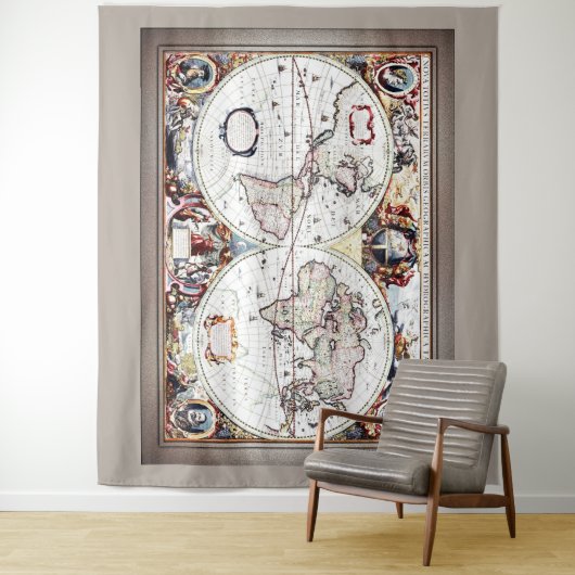 Nova Totius Terrarum Orbis von Henricus Hondius II Wandteppich (Beispiel)