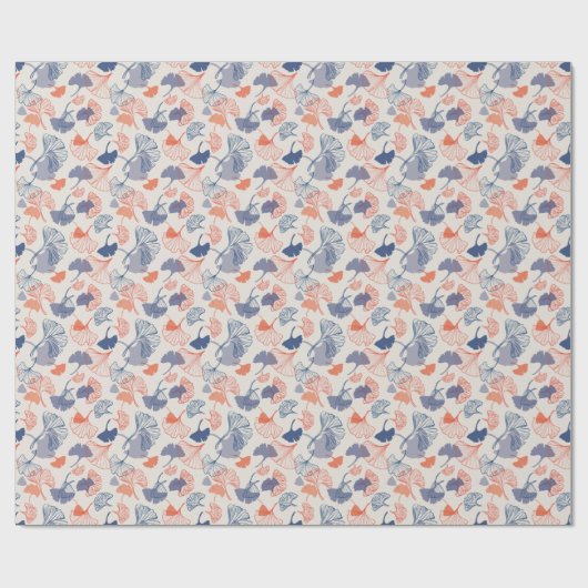 Novelty Ginkgo Leaf Pattern Navy Blue & Orange Geschenkpapier (Flach)