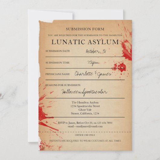 Novelty Halloween-Party Lunatic Asylum Einladung (Vorderseite)