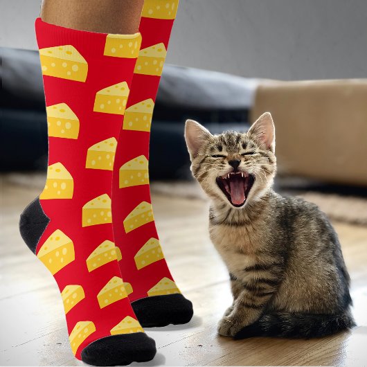 Novelty Stinky Cheese Pattern - Funny Food on Red Socken