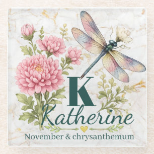 November-Geburtsblume Chrysantheme & Libelle Glasuntersetzer