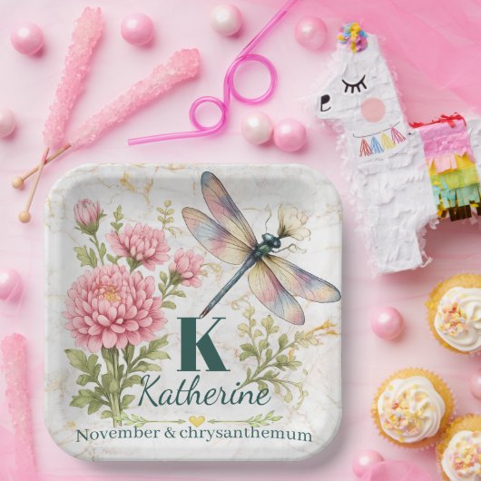 November-Geburtsblume Chrysantheme & Libelle Pappteller (Party)