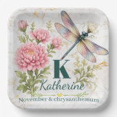 November-Geburtsblume Chrysantheme & Libelle Pappteller (Vorderseite)