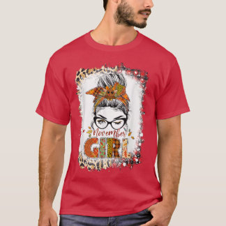 November Girl Leopard Messy Bun Hair Turkey Thanks T-Shirt
